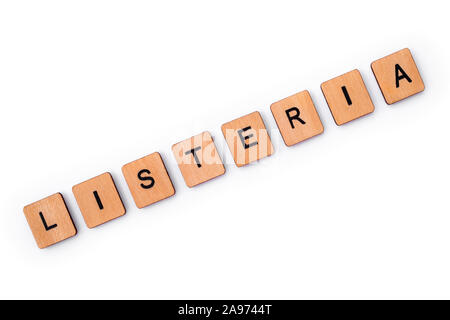 Das Wort Listerien, Dinkel mit hölzernen Buchstabensteine, über einen weißen Hintergrund. Stockfoto