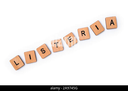 Das Wort Listerien, Dinkel mit hölzernen Buchstabensteine, über einen weißen Hintergrund. Stockfoto