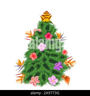 Tropische Weihnachten. Weihnachtsbaum aus tropischen Palmen Blätter und monstera Stock Vektor