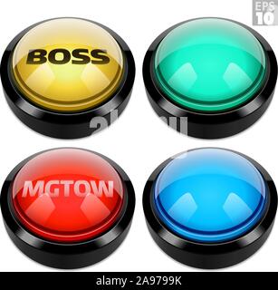 Große runde arcade Buttons mit glänzenden Acryl Haube in Gelb, Grün, Blau und Rot, Auch text Boss und MGTOW. Stock Vektor