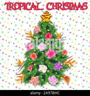 Tropische Weihnachten. Weihnachtsbaum aus tropischen Palmen Blätter und monstera Stock Vektor