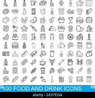 100 Essen und Trinken Symbole gesetzt, outline Style Stock Vektor