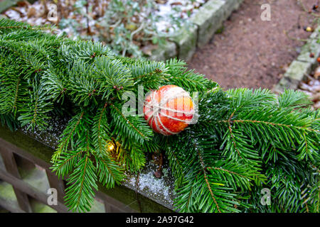 Eine Wand in einem öffentlichen Park wurde mit Fir Tree Branches, Äpfel und Lichtern geschmückt, die einladend warmen Weihnachten Gefühl Stockfoto