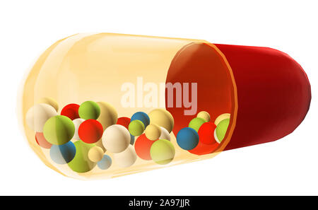 Transparente und rote Kapsel auf weißem Hintergrund retard Stockfoto