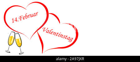 Valentinstag rote Herzen und Champagner auf weißem Hintergrund Stockfoto