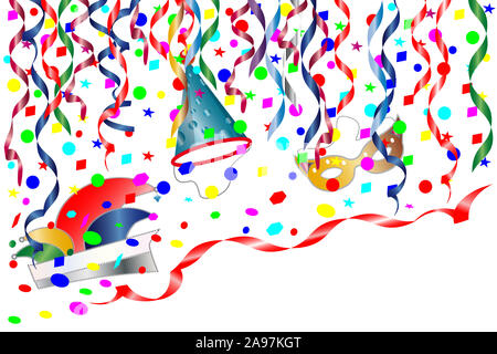 Bunte Karneval Party Dekoration auf weißem Hintergrund Stockfoto