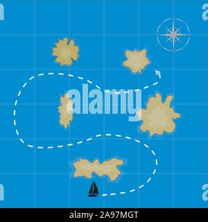 Schatzkarte für Hintergrund. Schwarz Yacht zu Golden Island von Route gehen. Piraten Stil mit Kompass. Vector Illustration, 2D-Design. Stock Vektor