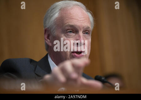 November 13, 2019, Washington, District of Columbia, USA: United States Senator Ron Johnson (Republikaner von Wisconsin) spricht mit EU-Kommissar der US-amerikanischen Zoll- und Grenzschutzbehörden Mark Morgan, Geschäftsführender Direktor der U.S. Citizenship und Immigration Services Kenneth T. Cuccinelli, Stellvertretender Direktor der US-Einwanderungs- und Zollbehörden Derek N. Benner und Direktor des Executive Office für Einwanderung Überprüfung an das US-Justizministerium James McHenry, wie Sie vor dem US-Senat Ausschusses für Innere Sicherheit und staatlichen Angelegenheiten auf dem Capitol Hill in Washington bezeugen Stockfoto