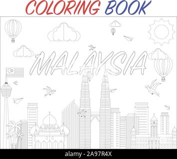 Malaysia Kuala Lumpur Land Stadt Skyline mit Fahne, Handwerk Vector Illustration. Farbenfrohe Kunst, Reisen, Stadt, Landschaft, schöne Tourismus ba Stock Vektor