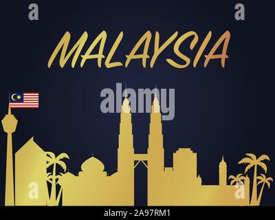 Malaysia Kuala Lumpur Land Stadt Skyline mit Fahne, Handwerk Vector Illustration. Farbenfrohe Kunst, Reisen, Stadt, Landschaft, schöne Tourismus ba Stock Vektor