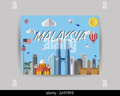 Malaysia Kuala Lumpur Land Stadt Skyline mit Fahne, Handwerk Vector Illustration. Farbenfrohe Kunst, Reisen, Stadt, Landschaft, schöne Tourismus ba Stock Vektor