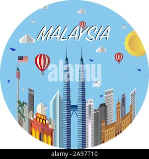 Malaysia Kuala Lumpur Land Stadt Skyline mit Fahne, Handwerk Vector Illustration. Farbenfrohe Kunst, Reisen, Stadt, Landschaft, schöne Tourismus ba Stock Vektor