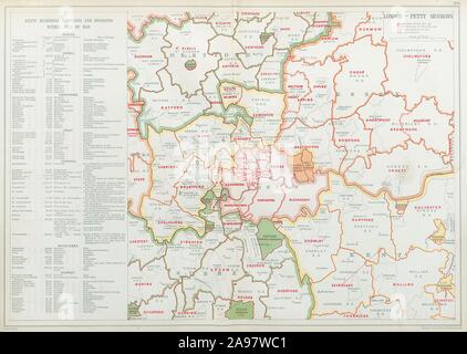 LONDON PETTY SITZUNGEN/Tagungen Bezirken / Geschäftsbereiche. Gesetz. Gerichte. Speck 1920 Karte Stockfoto