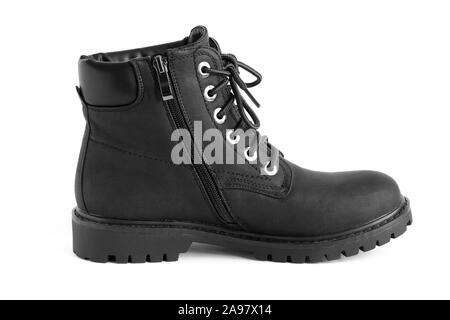 Schwarz heavy duty Unisex Stiefel auf weißem Hintergrund, Schuhe für Herbst Winter Stockfoto