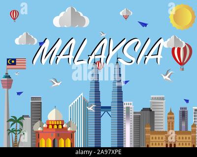 Malaysia Kuala Lumpur Land Stadt Skyline mit Fahne, Handwerk Vector Illustration. Farbenfrohe Kunst, Reisen, Stadt, Landschaft, schöne Tourismus ba Stock Vektor