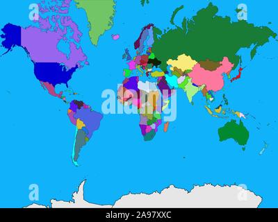 Bunte Welt Karte mit allen Ländern, in verschiedenen Farben, auf blauen Ozean Hintergrund isoliert. Moderne Hintergrund mit original teil. USA, Kanada, Ja Stock Vektor