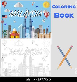 Malaysia Kuala Lumpur Land Stadt Skyline mit Fahne, Handwerk Vector Illustration. Farbenfrohe Kunst, Reisen, Stadt, Landschaft, schöne Tourismus ba Stock Vektor