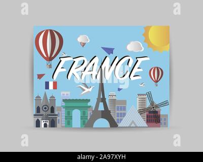 Frankreich Land Stadt detaillierte Skyline, Handwerk Vector Illustration. Farbenfrohe Kunst, Reisen Orte Thema Stadtbild, Landschaft, Tourismus Hintergrund Karten, pos Stock Vektor