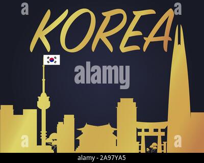 Südkorea Land Stadt Skyline mit Fahne, Handwerk Vector Illustration. Farbenfrohe Kunst, Reisen Orte Thema Stadtbild, Landschaft, schöne Tourismus zurück Stock Vektor