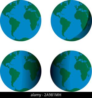 Globus mit amerikanischen, afrikanischen und europäischen Kontinent. Vier Typs mit unterschiedlichen Schatten für Ihr Logo, Marke, Web. Grün und Blau Vektorelementen illu Stock Vektor