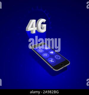 Isometrische mobile network System. Wireless Internet der Dinge. 4G, LTE digitalen Ökosystem. Smartphone Hologramm, holographische Projekt banner te Stock Vektor