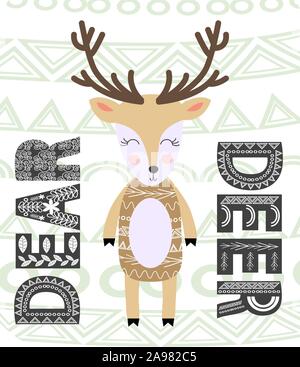 Cute cartoon Hirsche. Komposition mit Volkskunst Tiere und floralen Elementen dekoriert. Im skandinavischen Stil Stock Vektor