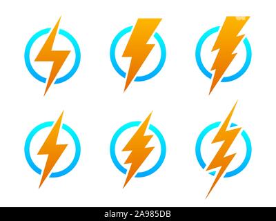 Große Blitz Symbole. Vektor Blitzschlag im Kreis. Farbe electric power Logo Design Element, isoliert. Stock Vektor