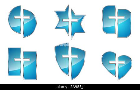 Set blau glänzend christliche Symbole isoliert. Vector Illustration. Verschiedene Formen von Symbolen mit dem christlichen Kreuz Symbol. Stock Vektor