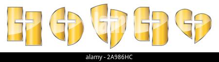 Satz von Golden christliche Symbole isoliert. Vector Illustration. Verschiedene Formen von Metal Ikonen mit dem christlichen Kreuz Symbol. Stock Vektor