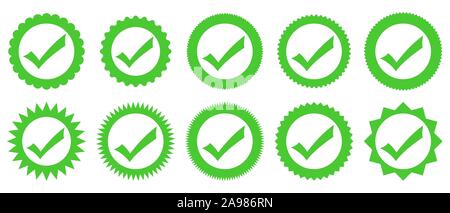 Eingestellt von Marken Check-Vektor. Grüne Häkchen isoliert. Stempel oder Medaille genehmigt. Vektor icon Stock Vektor