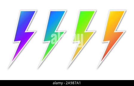 Der Vektor Blitz Symbole. Papier, Aufkleber mit Schatten. Symbole der Blitz isoliert. Stock Vektor