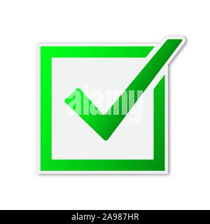 Vektor in einem quadratischen Feld prüfen. Papier Aufkleber mit Schatten. Grüne Markierung isoliert prüfen. Stock Vektor