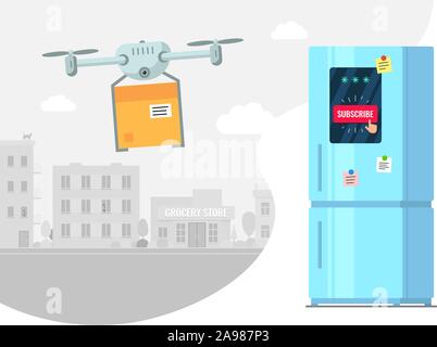 Produktlieferung abonnieren durch fliegende Drohne Konzept. Kühlschrank mit Abo Online-Shopping Waren-App aus dem Supermarkt. Quadcopter trägt Lebensmittel-Box von Lebensmittelgeschäft über Stadt Vektor-Illustration Stock Vektor