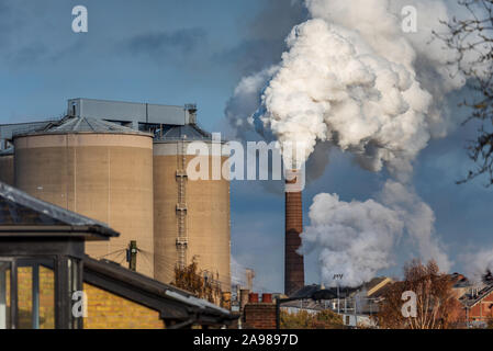 Emissionen der UK Factory - Schornsteine der Zuckerrübenfabrik - Dampf steigt aus der britischen Zuckerfabrik in Bury St Edmunds Suffolk UK Stockfoto