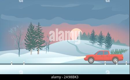 Pickup mit Weihnachtsbaum. Winterlandschaft. Tannen und auf der Straße. Stock Vektor