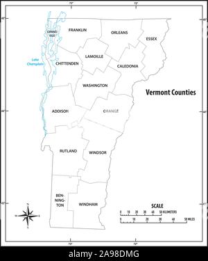 Vermont State Umrisse administrative und politische Karte in Schwarz und Weiß Stock Vektor