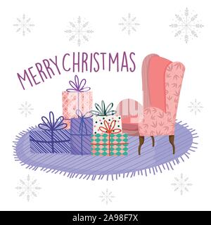 Frohe Weihnachten feier Wohnzimmer Sofa Teppich mit Geschenken Vector Illustration Stock Vektor