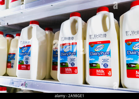 12 Nov, 2019 Sunnyvale/CA/USA - DairyPure Milch in den Regalen im Supermarkt; die DairyPure Marke wird durch die größte Molkerei in den Vereinen im Besitz Stockfoto