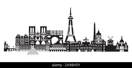 Panorama Paris City Skyline Vector Illustration in den Farben Schwarz und Weiß auf weißem Hintergrund. Vektor silhouette Abbildung: Wahrzeichen o Stock Vektor