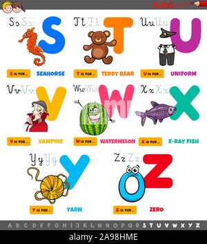 Cartoon Illustration von Großbuchstaben Alphabet Bildungs- Set für Lesen und Schreiben Praxis für elementare Alter Kinder von S bis Z Stock Vektor