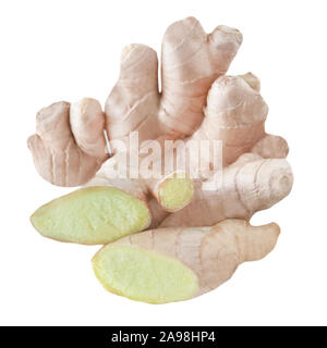 Frische Ingwerwurzel vor weißem Hintergrund Stockfoto