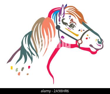 Bunt dekorativ Portrait im Profil der Pony in Zaum, Vektor isoliert Abbildung in schwarz auf weißem Hintergrund. Bild für Design und tatto Stock Vektor