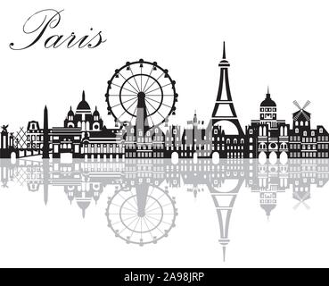 Panorama Paris City Skyline mit Reflexion der Stadt. Vector Illustration in den Farben Schwarz und Weiß auf weißem Hintergrund. Vektor silhouette Il Stock Vektor