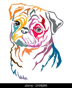 Bunt dekorativ Kontur outline Portrait von Hund Mops, Vector Illustration in verschiedenen Farben auf weißem Hintergrund. Bild für Design und t Stock Vektor