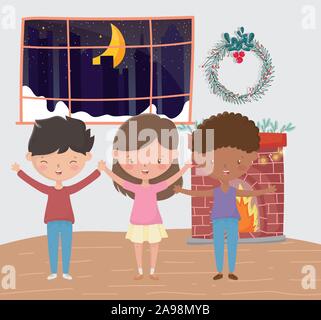 Jungen und Mädchen Schornstein Kranz Zimmer Nacht frohe Weihnachten Vector Illustration Stock Vektor