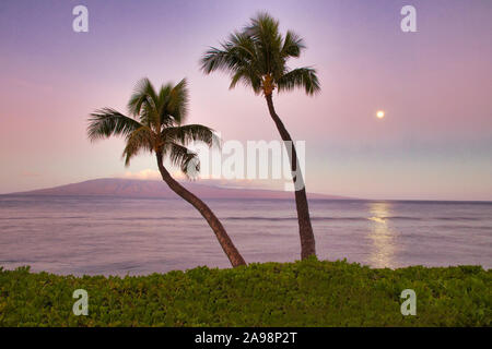 Blick auf Lanai mit Monduntergang bei Sonnenaufgang vom Kaanapali Beach auf Maui. Stockfoto