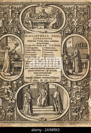 Frontispiz mit Vignetten, Astronom, Geograph, Gelehrten und Höflinge in dekorativen Grenze. Kupferstich von Johann Theodor de Bry von Jean-Jacques Boissard der Bibliotheca Chalcographica, Johann Ammonius, Frankfurt, 1650. Stockfoto