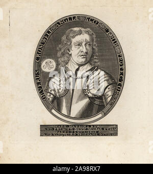 Ovale Portrait von Oliver Cromwell, Lord Protector von England und Schottland, Angliae Scot: et Hi: Protector. In Rüstung über Hemd mit Kragen. Aus Nationen Bogen und Predigen würde mitral Übeln: Parsons heraus - Beten und vanquish Teufel prophane würde. Kupferstich in London veröffentlicht, aus dem 19. Jahrhundert. Stockfoto