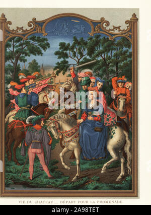 Schloss Leben, 16. Die 112 Fahrten ein passgang Pferd neben dem Herrn gekleidet in grün. Trompeter spielen eine März. Aus dem Brevier der Kardinal Domenico Grimani, 1510-1520, Hans Memling zugeschrieben. Vie du Chateau. Abfahrt pour la promenade. Chromolithograph von Paul Lacroix's La Vie Militaire et Religieuse au moyen Age et a l'Époque de la Renaissance, militärischen und religiösen Lebens im Mittelalter und in der Renaissance, Paris, 1873. Stockfoto