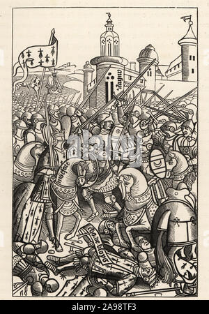 Der Schlacht von Auray, 1364, zwischen Jean de Montfort und Charles de Blois, wo Bertrand du Guesclin von Chandos gefangengenommen wurde. Holzschnitt aus Alain Bouchard's Chroniques De Bretagne, 1514. Batallie d'Auray (29 Sept. 1364), entre Jean de Montfort et Charles de Blois, Dans laquelle Bertrand du Guesclin fut fait prisonnier par Chandos. Holzschnitt von Etienne Huyot und Jules Huyot aus a l'Époque de la Renaissance, militärischen und religiösen Lebens im Mittelalter und in der Renaissance, Paris, 1873 Paul Lacroix's La Vie Militaire et Religieuse au moyen Age et. Stockfoto